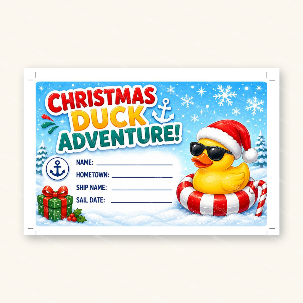Close-up of a single Christmas Duck Adventure tag with Name, Hometown, Ship Name, and Sail Date fields