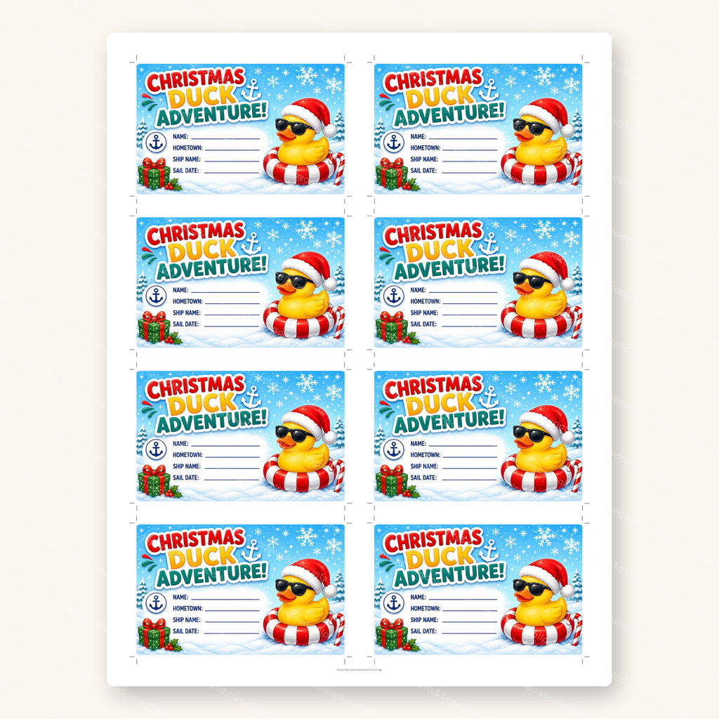 Christmas Duck Adventure Tags printable sheet, 8 tags per US Letter page