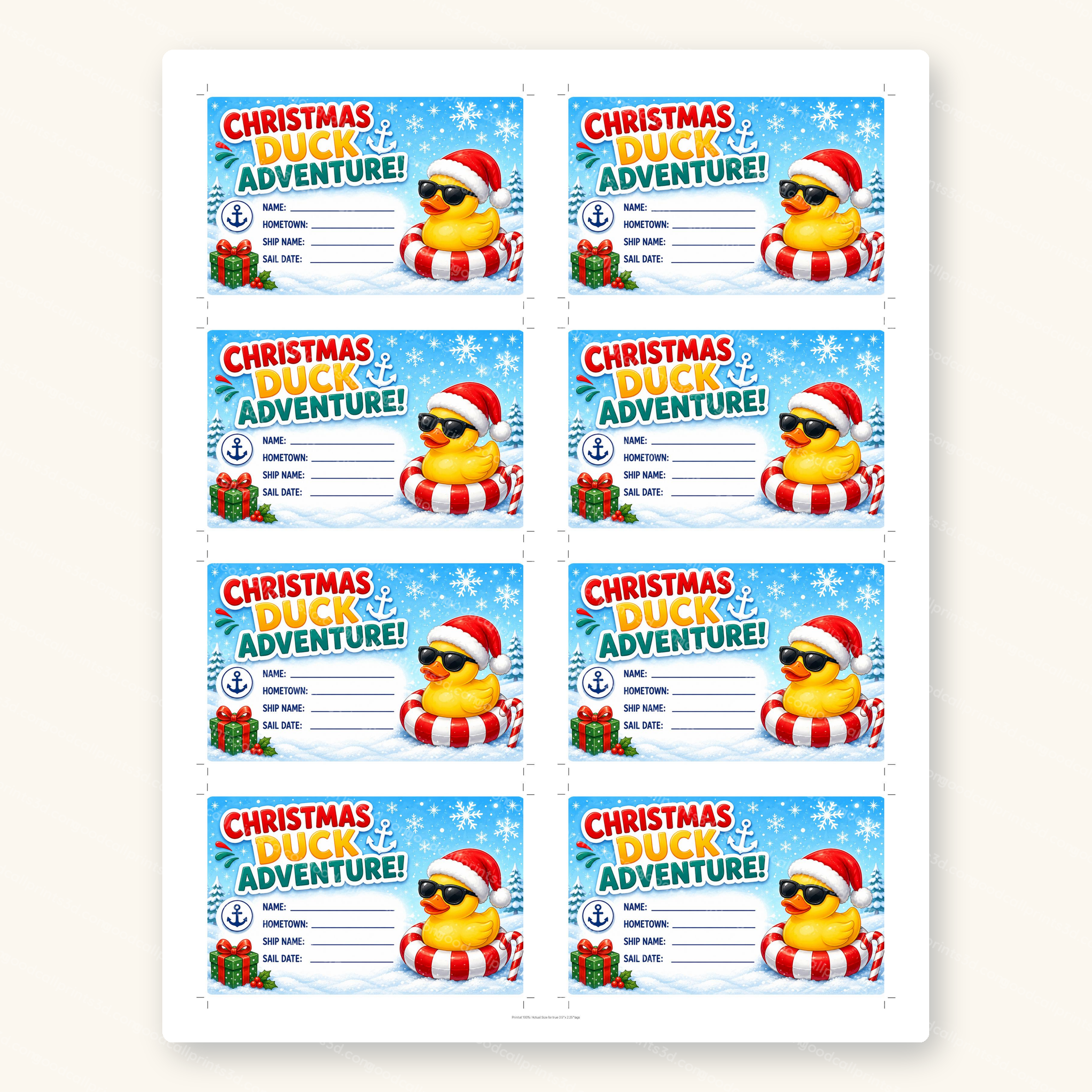 Christmas Duck Adventure Tags printable sheet, 8 tags per US Letter page
