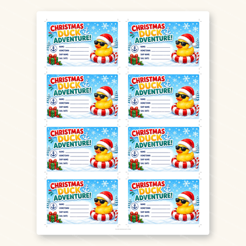Christmas Duck Adventure Tags printable sheet, 8 tags per US Letter page