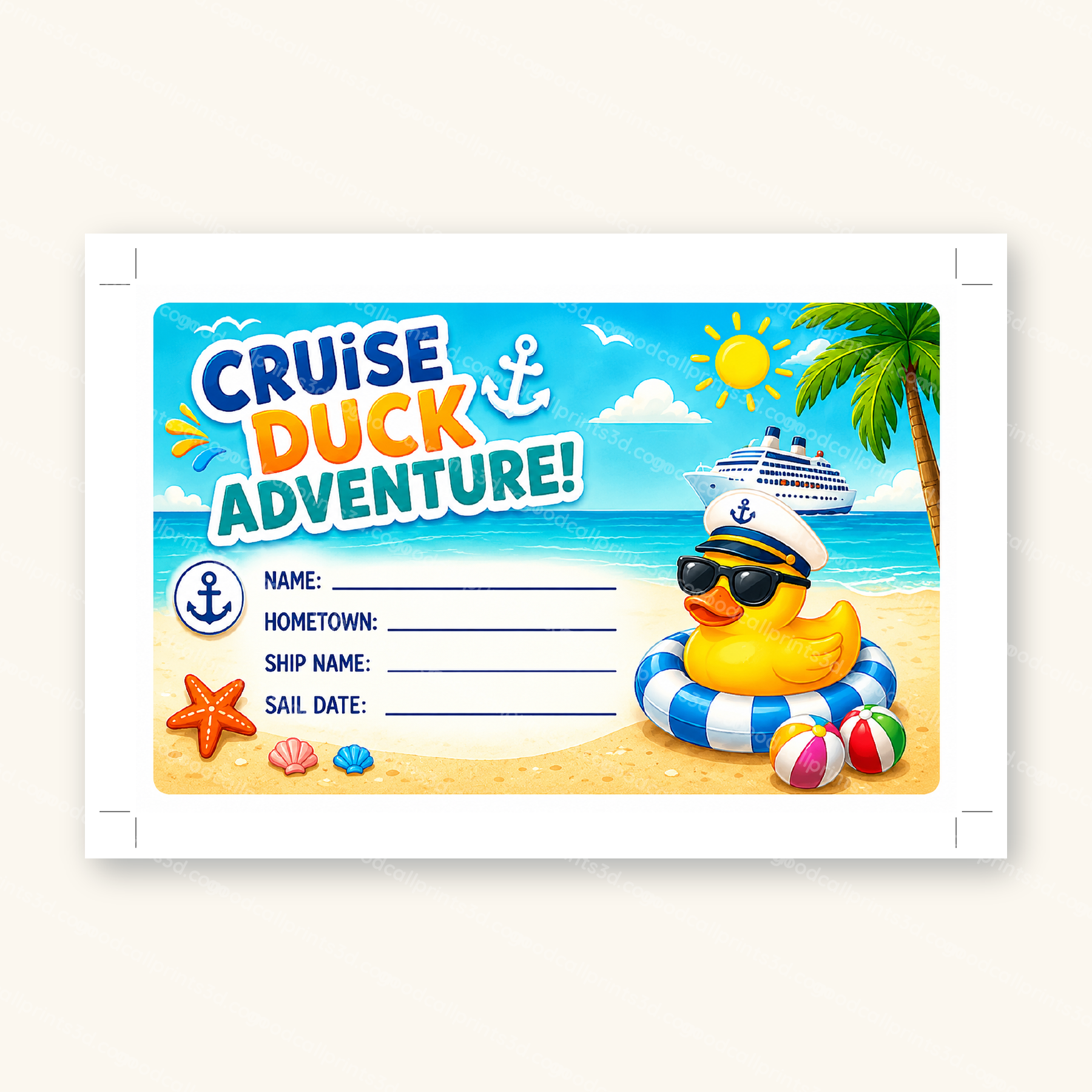 Close-up of a single Cruise Duck Adventure tag with Name, Ship Name, Hometown, and Sail Date fields