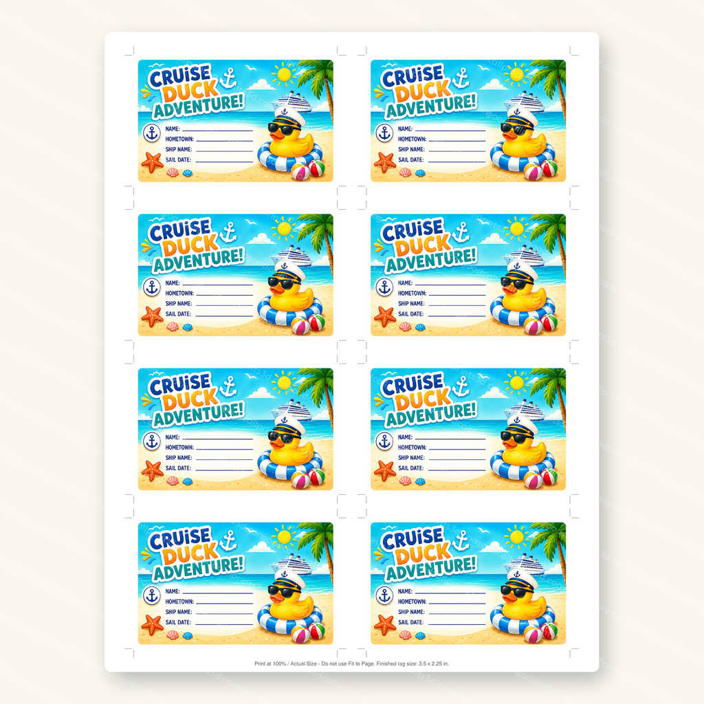 Cruise Duck Adventure Tags printable sheet, 8 tags per US Letter page