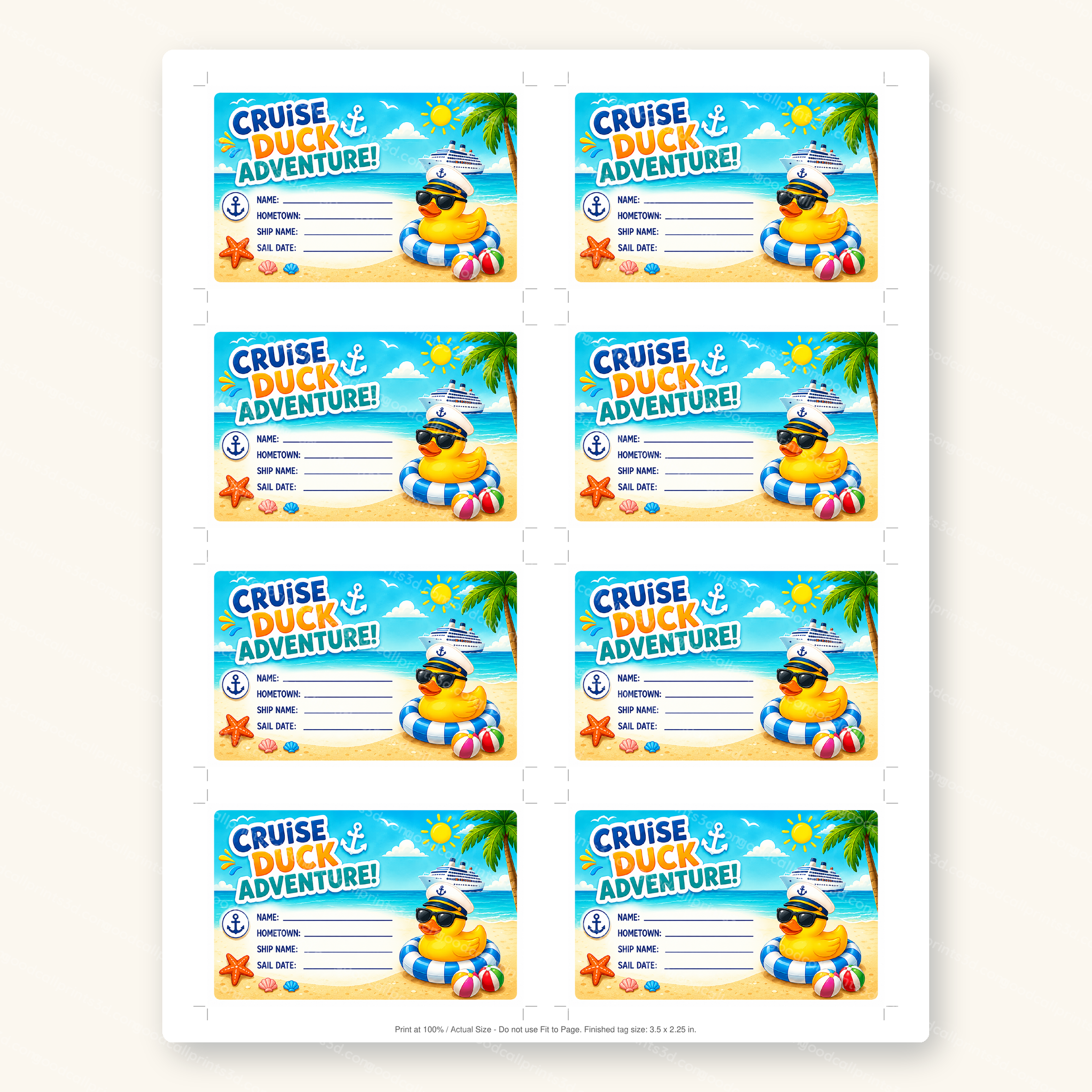 Cruise Duck Adventure Tags printable sheet, 8 tags per US Letter page