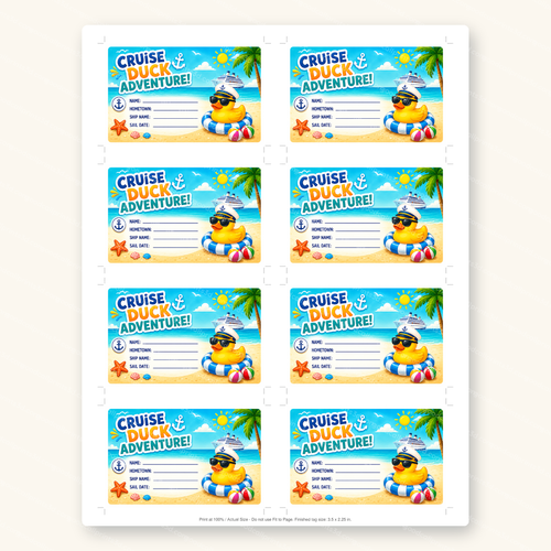 Cruise Duck Adventure Tags printable sheet, 8 tags per US Letter page