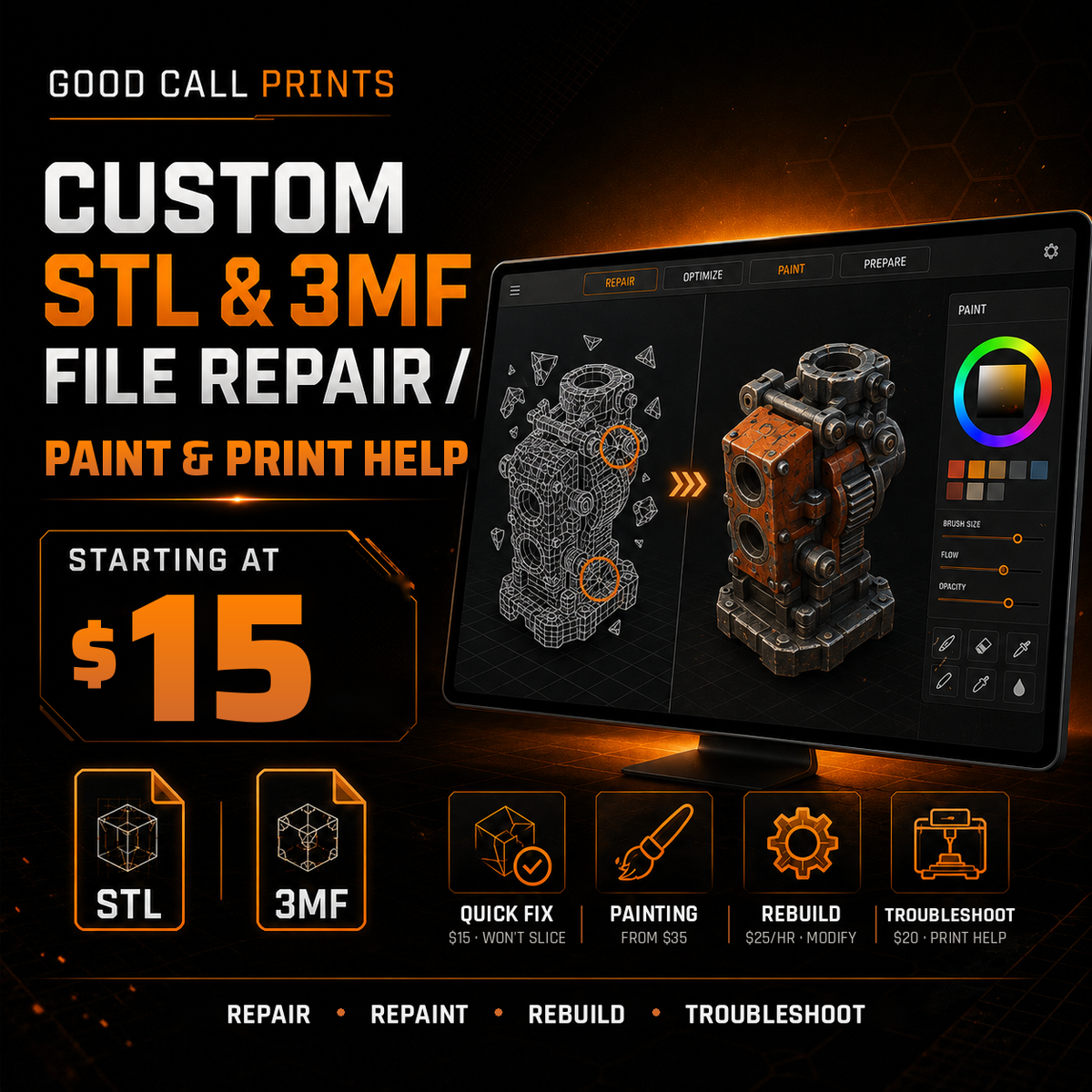 Good Call Prints STL and 3MF file repair, color painting and print troubleshooting service, starting at $15