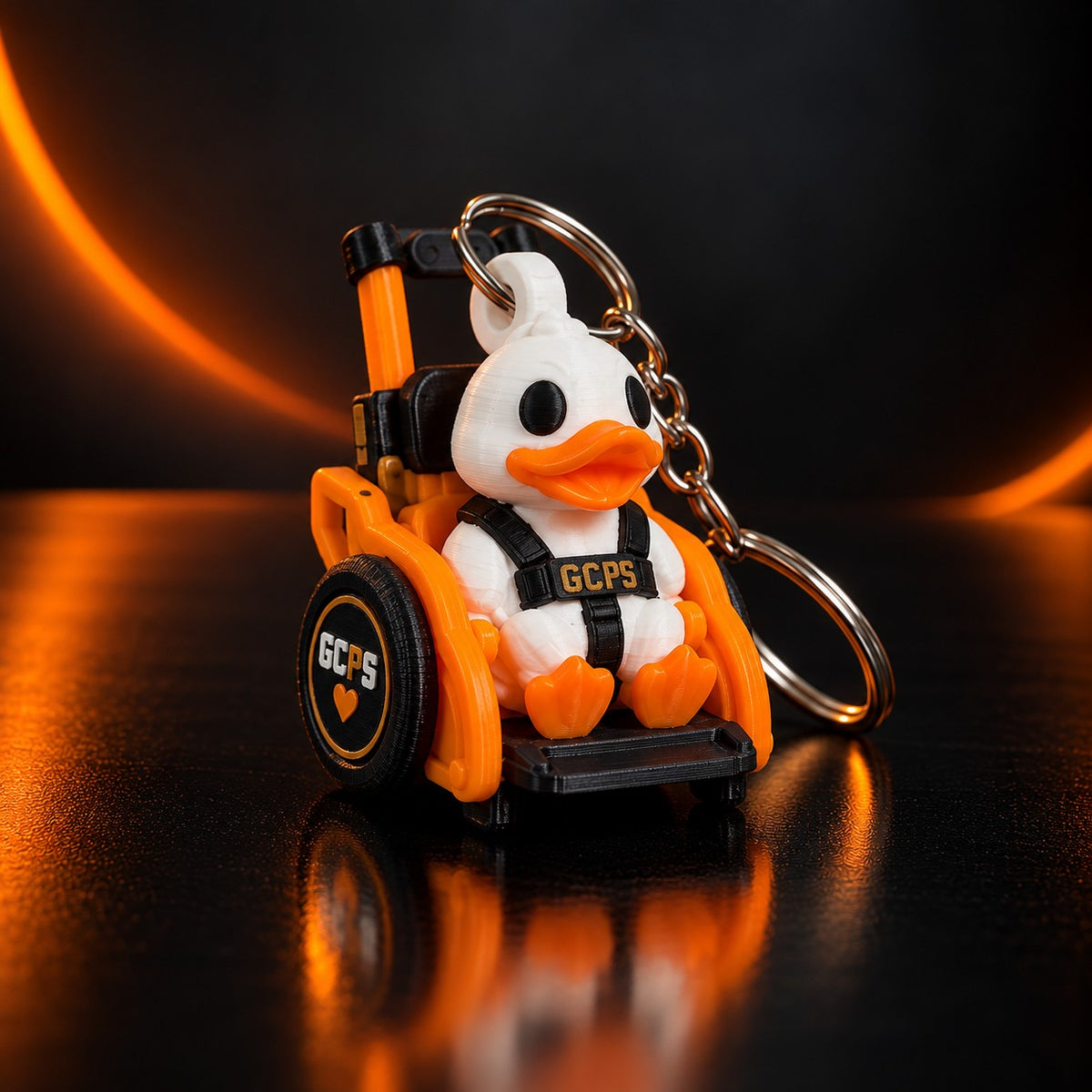 GCPS Mobility Duck keychain, 3/4 angle view, showing the harness branding, GCPS wheel logo, and keyring