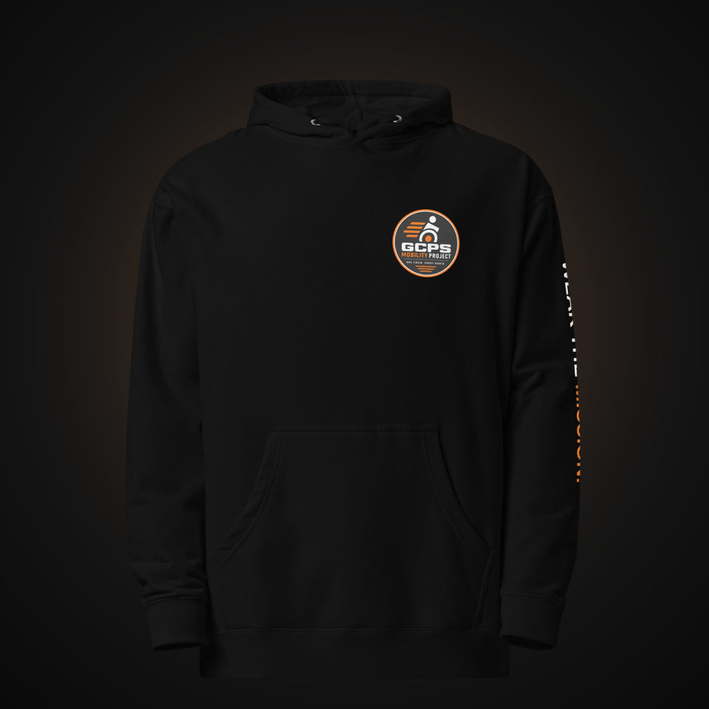 Front of the black GCPS Mobility Project Hoodie with a small GCPS Mobility Project badge on the left chest
