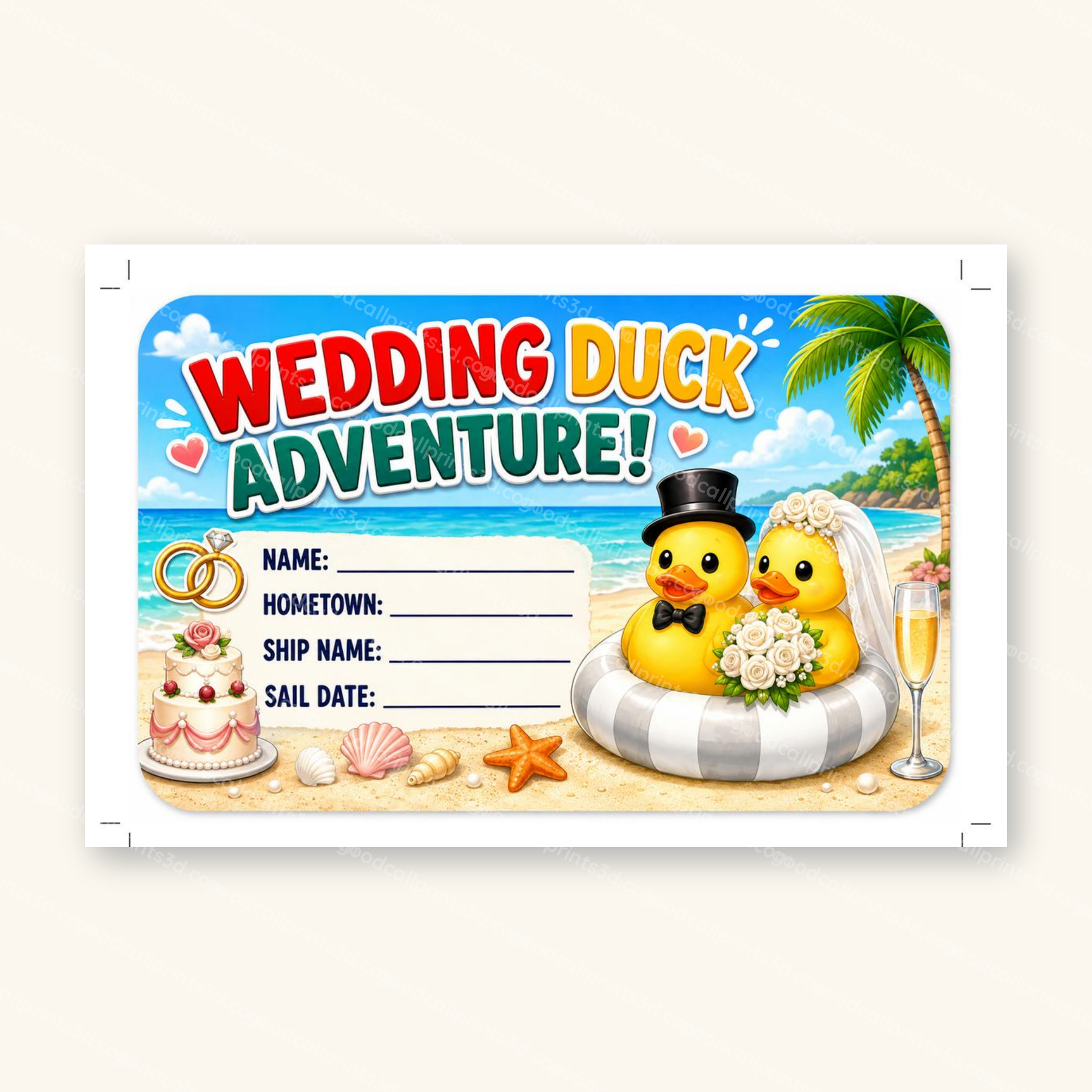 Close-up of a single Wedding Duck Adventure tag with Name, Hometown, Ship Name, and Sail Date fields