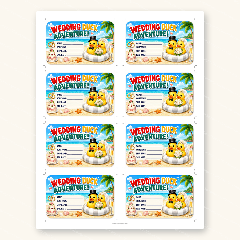 Wedding Duck Adventure Tags printable sheet, 8 tags per US Letter page