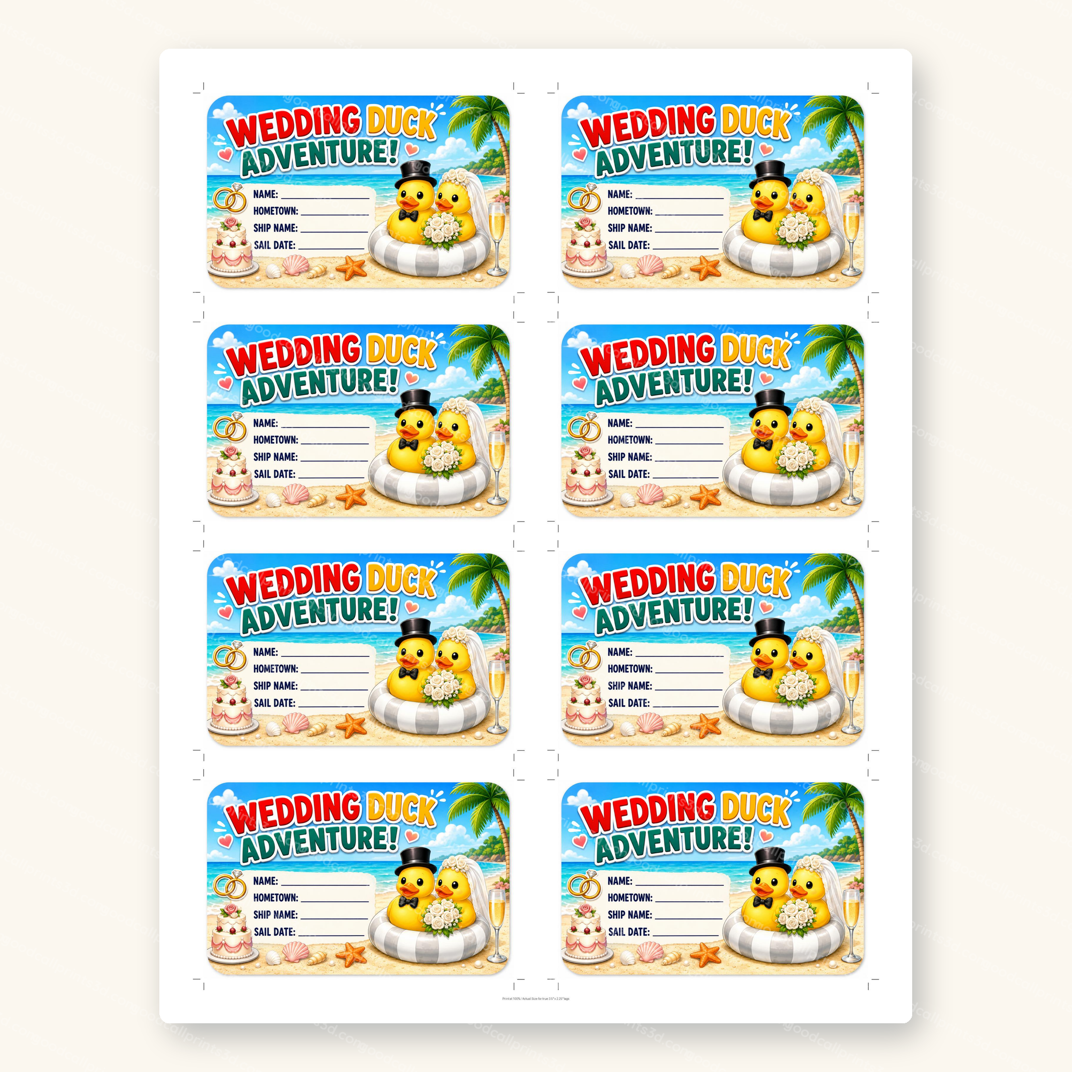Wedding Duck Adventure Tags printable sheet, 8 tags per US Letter page